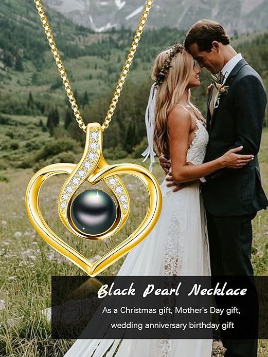 KANNSOAR Tahitian Black Pearl AAAA 18K White Gold Plated Sterling Silver Heart Pendant Necklace for Women Wife Mom Girlfriend Valentine Her Jewelry Gift for Anniversary Birthday Christmas