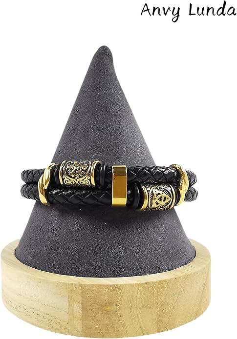 Viking Compass Celtic Knot Bracelet, Mens 14K Gold Plated Black Braided Leather Cuff, 316L Stainless Steel Jewelry for Women Friend Father Husband Son