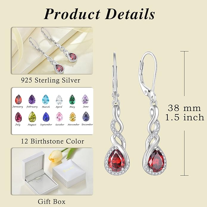 Infinity Dangle Drop Earrings for Women 925 Sterling Silver Teardrop Leverback Earrings Birthstone Jewelry Gifts for Women Wife Girlfriend Mother Daughter Her