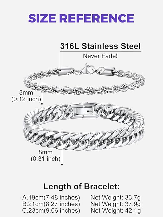 Richsteel 2PCS/3PCS Bracelets Chain for Men Women Stainless Steel Silver/Gold/Black Cuban/Rope Link Chain Bracelets Set, 7.4/8.2/9 Inch Hand Chain Length for Men Women Jewelry