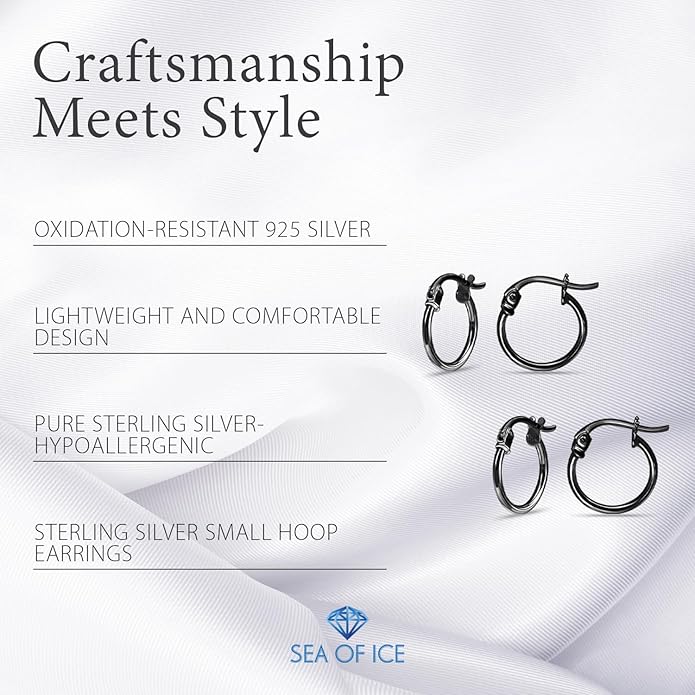 SEA OF ICE 925 Sterling Silver Hoop Earrings for Women - Hypoallergenic Earrings for Women in Sterling Silver, Yellow Gold, Rose Gold or Black Rhodium | Sizes 12MM, 15MM, 20MM or Multipack