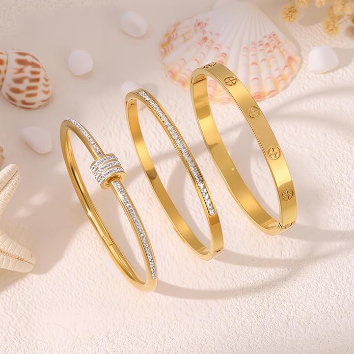 Gold Bracelets for Women - Stackable Bangles with Friendship & Love Theme - Stainless Steel Jewelry Gift for Her