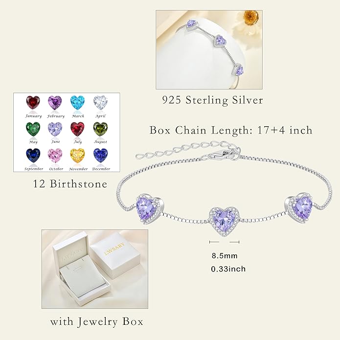 Love Heart Bracelet 925 Sterling Silver Halo Heart Birthstone Bracelet Jewelry Gifts for Women