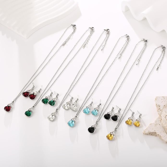 RUOFFETA Teardrop Crystal Jewelry Set, Birthstone Pendant Necklace Drop Dangle Earrings for Women