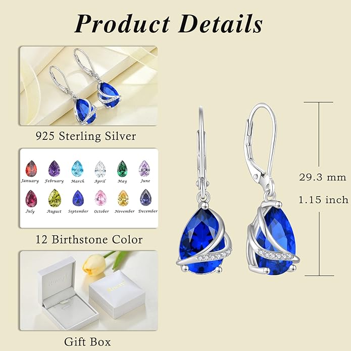 Birthstone Dangle Drop Earrings for Women 925 Sterling Silver Teardrop Leverback Earrings Jewelry Gifts for Wife Mother Her