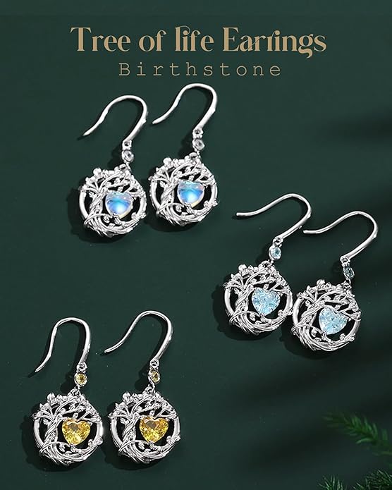 FANCIME Tree of Life Dangle Drop Earrings 925 Sterling Silver Dainty Round Gemstone Birthstone Earring Fine Jewelry Birthday Christmas Gifts for Her Women