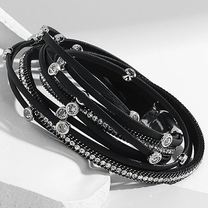 Fesciory Leopard Bracelet for Women, Boho Leather Wrap Multi-Layer Pearl Crystal Bracelet Bangle Jewelry