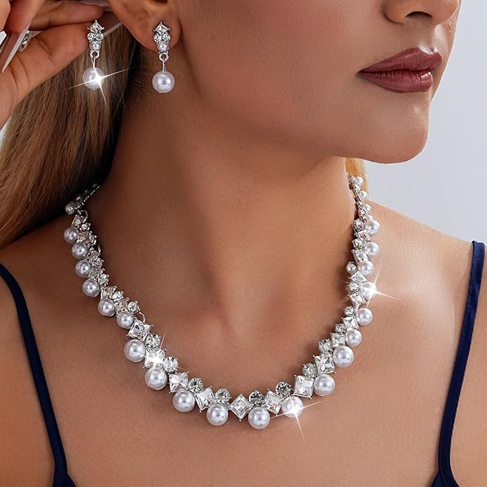la luen Pearl Bride Wedding Jewelry Set Faux Pearls Crystal Rhinestone Necklace Earrings Bracelet Sets for Women Bridesmaid(3 PCS)