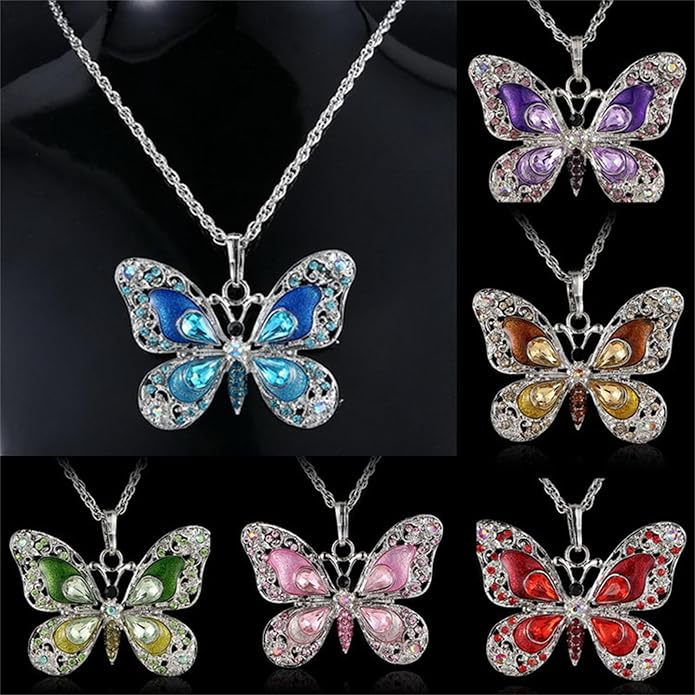 Vintage Multicolor Butterfly Necklace Bohemian Multicolor Enamel Butterfly Necklace Rhinestone Butterfly Pendant Necklace Chain Enamel Ethnic Costume Jewelry for Women