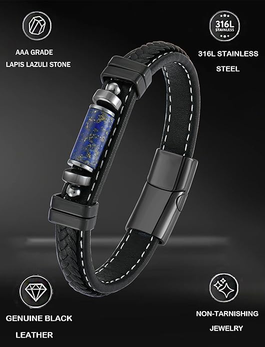 Lapis Lazuli Bracelets for Men Leather Black Bracelet