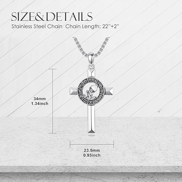 MEIDERBO Cross Zodiac Necklace 925 Sterling Silver 12 Constellation Horoscope Astrology Pendant Necklace Zodiac Sign Jewelry Gifts for Men Women