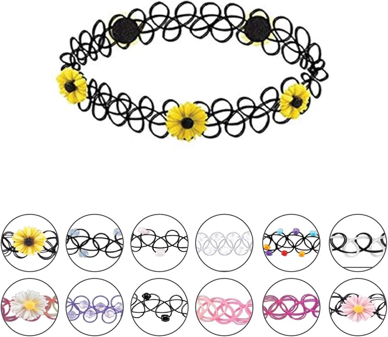 BodyJ4You 12PC Tattoo Choker Necklace - 90s Accessories 2000s Jewelry Y2K Fashion Vintage Trendy - Rainbow Goth Black Pink Green Blue White - Adjustable Stretchy Elastic Necklace Summer Vacation Set
