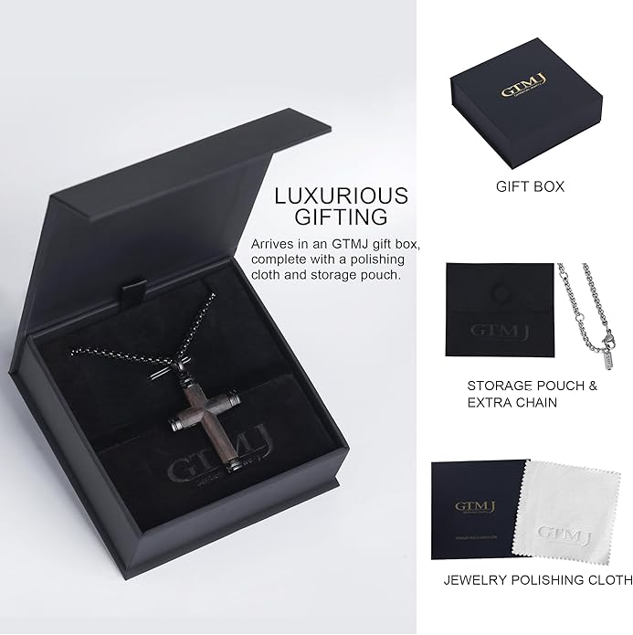 GTMJ Cross Necklace for Men -Stainless Steel & Wood Adjustable Box Chain 24-26in, Spiritual Jewelry Gift for Him, Everyday Wear