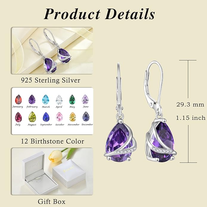 Birthstone Dangle Drop Earrings for Women 925 Sterling Silver Teardrop Leverback Earrings Jewelry Gifts for Wife Mother Her