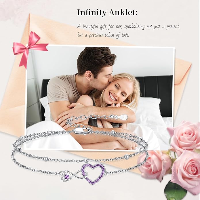Anklet for Women 925 Sterling Silver Double Infinity Ankle Bracelet Waterproof Summer Jewelry Anniversary Birthday Gifts for Her