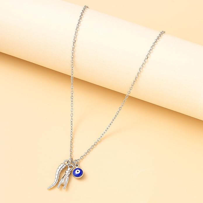 Dainty Blue Evil Eye Charm Horn Pendant Necklace for Women's Spiritual Protection Jewelry 14K Gold Plated