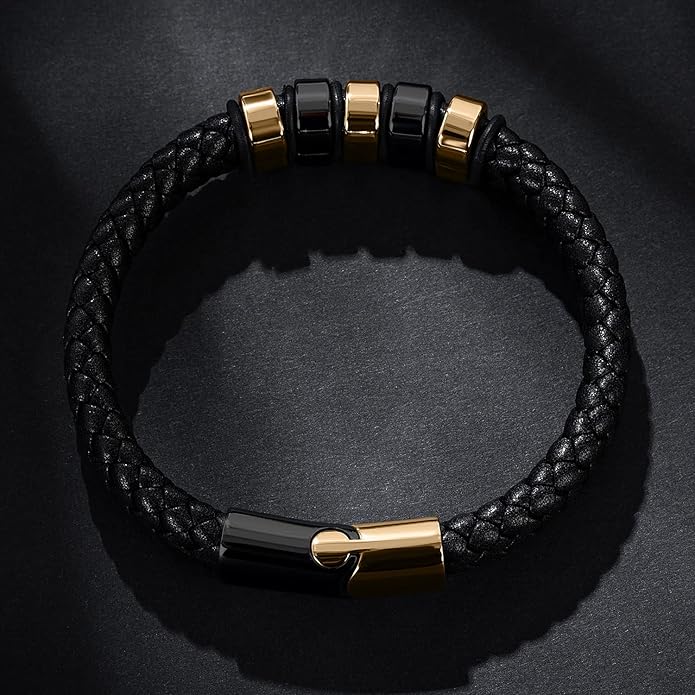 Leather Bracelet for Men Braided Cuff Wristband Stainless Steel Clasp in Silver and Gold Jewellery Gift