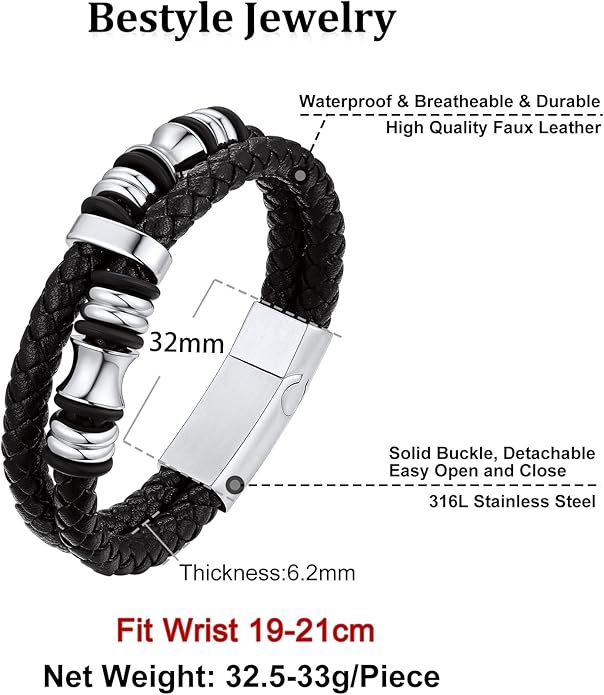 Bestyle Genuine Men Leather Bracelets Fashion Stainless Steel Celtic/Sport Ball Bead Cuff Wirstband Bracelets for Men, Size 7.5/8.3/9.1Inch