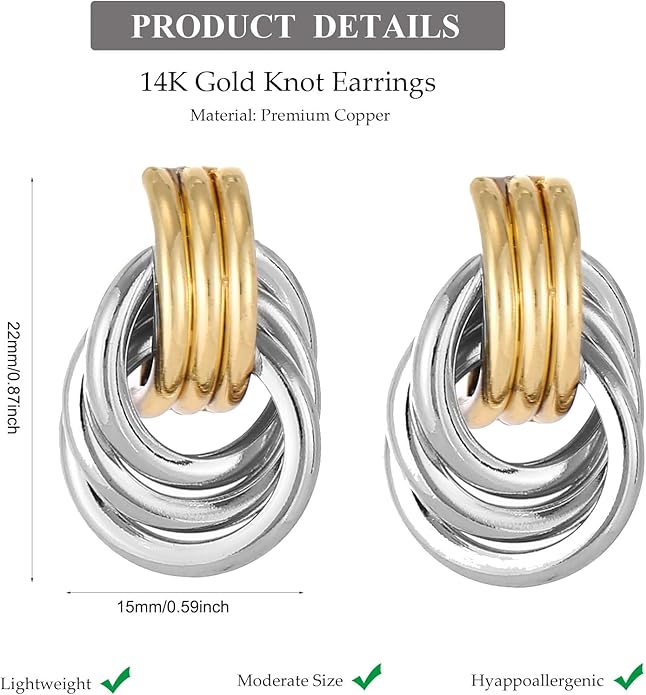14K Gold Plated Knot Earrings for Women Gold Silver Earrings Heart Link Drop Dangle Earring Chunky Golden Knotted Statement Jewelry