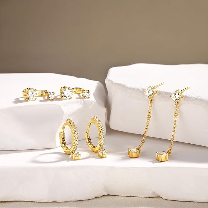 3 Pairs Earrings Set for Multiple Piercings, Gold Plated Studs Hoop Earrings Stack, CZ Dangle Earrings Set, Hypoallergenic for Sensitive Ears, Women's Gift