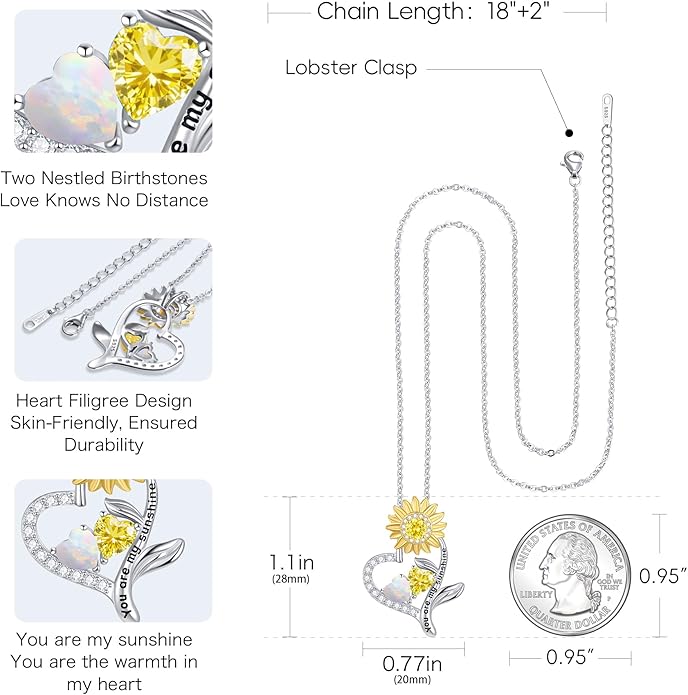 PERJI Valentine's Day Gifts for Women - 925 Sterling Silver Double Birthstone Sunflower Necklace, Anniversary Birthday Jewelry You are My Sunshine Gifts for Wife Couple Girlfriend 18"+2" Non Tarnish