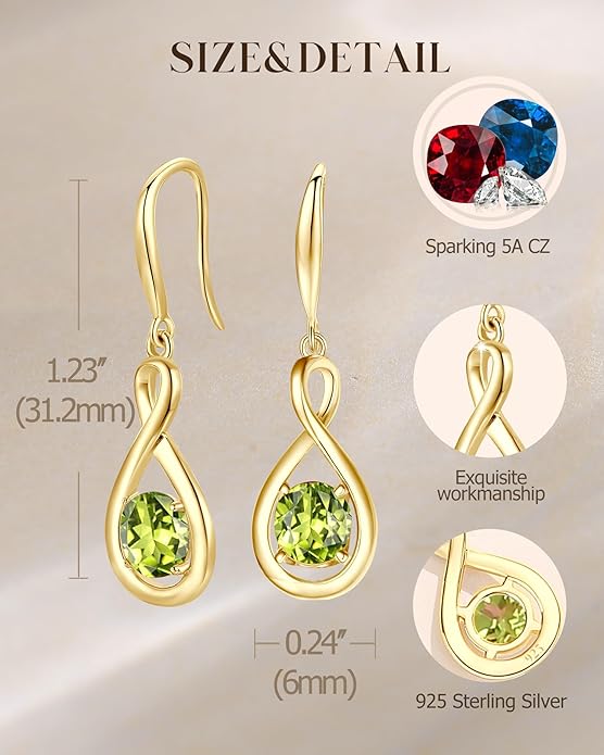 FANCIME Dangle Drop Earrings 925 Sterling Silver Dainty Infinity Round Gemstone Birthstone Jewelry Birthday Gifts for Her Women
