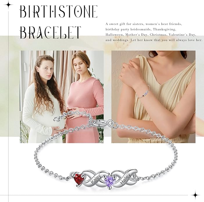 Personalized Custom Name Heart Bracelet with 1-6 Birthstone Bracelets for Women Engraved Family Names Link Bracelets for Mother's Day Mom Daughter