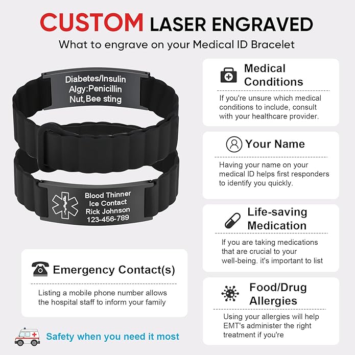 Comfortable Medical ID Bracelet for Men & Women - Custom Engraved Silicone Strap Comfort Fit Medical Alert Bracelets for Sports,Adjustable Waterproof Customizable Wristband for Diabetic