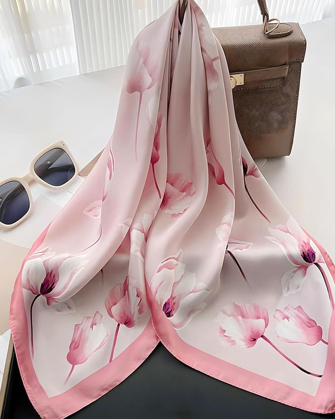 kcctoo 27.5" Mulberry Silk Feeling Head Scarf Women's Fashion Square Neck Satin Scarfs for Bag Hair Scarves Gift