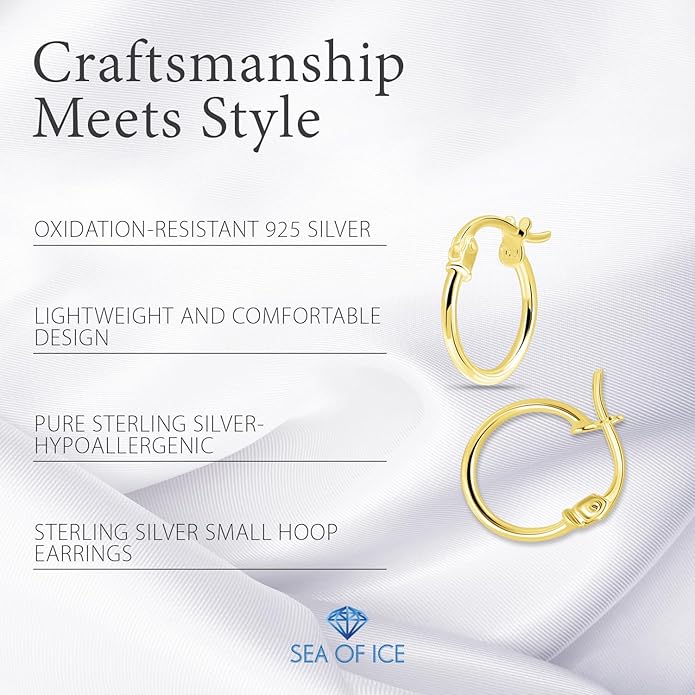SEA OF ICE 925 Sterling Silver Hoop Earrings for Women - Hypoallergenic Earrings for Women in Sterling Silver, Yellow Gold, Rose Gold or Black Rhodium | Sizes 12MM, 15MM, 20MM or Multipack
