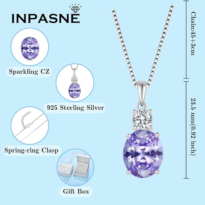 Birthstone Necklace for Women 925 Sterling Silver Oval Cut Cubic Zirconia Pendant Jewelry Gifts for Her