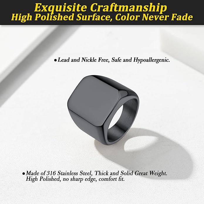 Bestyle Stainless Steel Signet Ring for Men Women in Gold/Black/Silver/Vintage Gray Tone, Chunky Thick Heavy Dome Band Ring Cool Finger Ring, Gift for Dad Husband, Size 7-14 Customizable