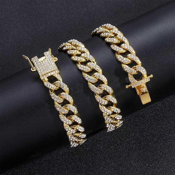 EMESLY Miami Cuban Link Chain 14K Gold Plated Necklace (16, 18, 20, 22, 24, 30 Inches Length); Hip Hop Bracelet (8" Length) for Men & Women; Perfect Iced Out Bling Jewelry Gift