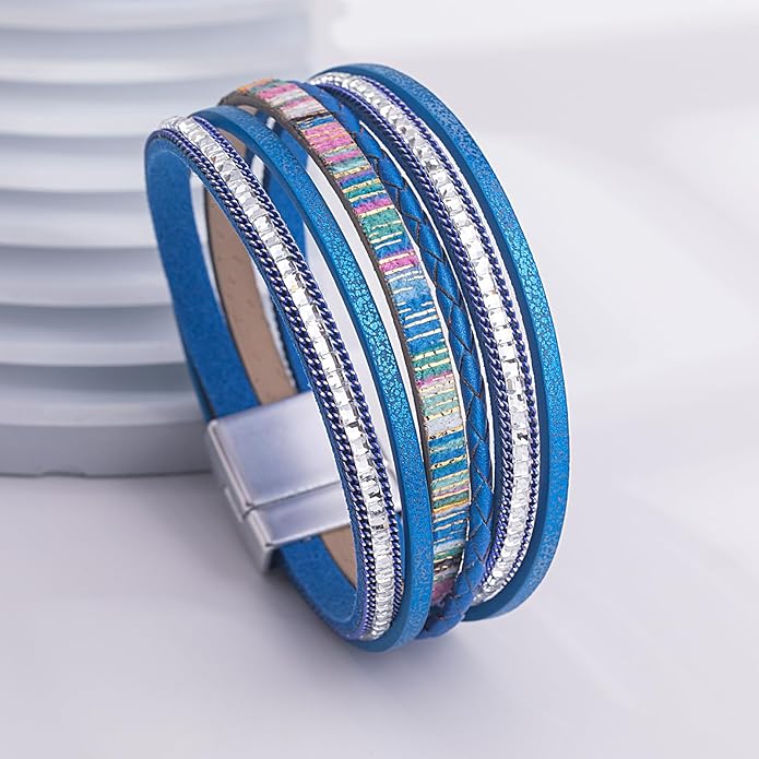 FANCY SHINY Boho Leather Wrap Bracelets Trendy Layered Bracelets with Magnetic Clasp Strackable Bohemian Jewelry Gifts for Women
