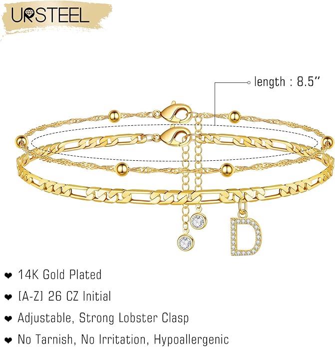 Ursteel Ankle Bracelets for Women, 14K Gold Plated Dainty Layered Chain CZ Initial Anklets Summer Jewelry Gifts for Women