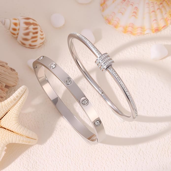 Silver Bangles for Women - Stainless Steel Love & Friendship Bracelet Set with Gift Box | Daily Wear & Party Jewelry