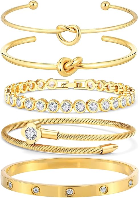 FAFUGA 18 K Gold Plated Love Bangle Bracelet Stack Cuff Jewelry for Women Jewelry Set for Women Gift with Box