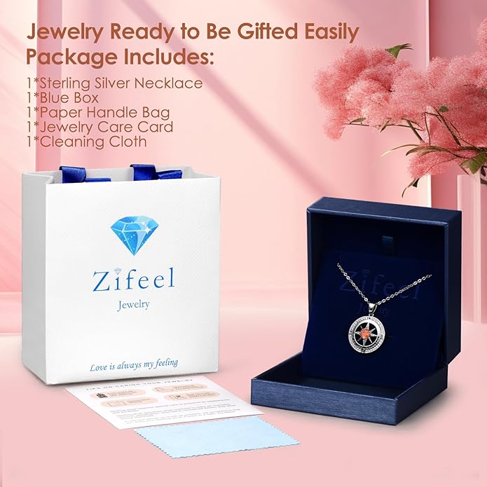 Zifeel Compass Necklace Gifts for Women wife - S925 Sterling Silver Birthstone Necklaces for Women - Anniversary Birthday Gifts for Her Wife Girlfriend - Valentines Mom Mothers Day Christmas Gifts Jewelry for Women
