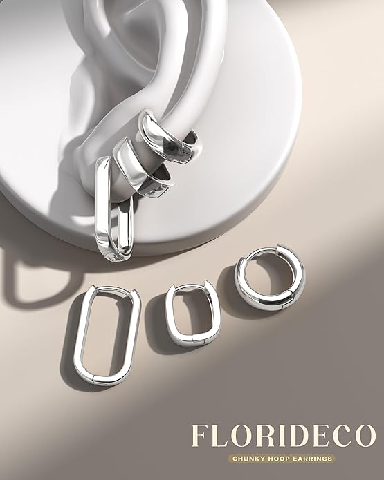 Florideco 3Pairs Chunky Gold Earrings Set 14K Gold Plated Hoop Earrings for Women Trendy Small Thick Huggie Hoops Earring Lightweight Silver Hoop Earring Sets for Multiple Piercing