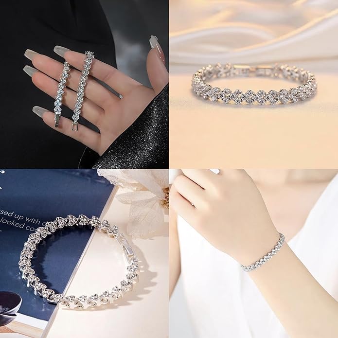 Crystal Wedding Jewelry Set, Silver Necklace Earrings Bracelet Crystal Bridal Wedding Jewelry Sets for Brides Bridesmaid Prom Costume Accessories