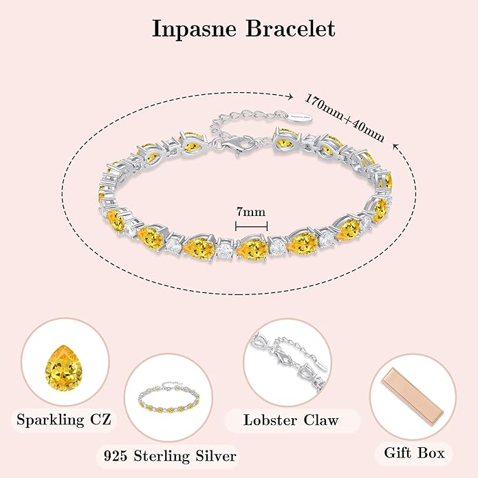 Birthstone Tennis Bracelet for Women 925 Sterling Silver Pear Shaped Gemstone Jewelry Gifts for Her