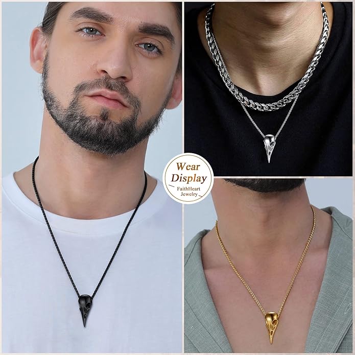 FaithHeart Viking Raven Necklace for Men, Norse Mythology Raven Skull Pendant Sturdy Stainless Steel Amulet Jewelry Gift for Men