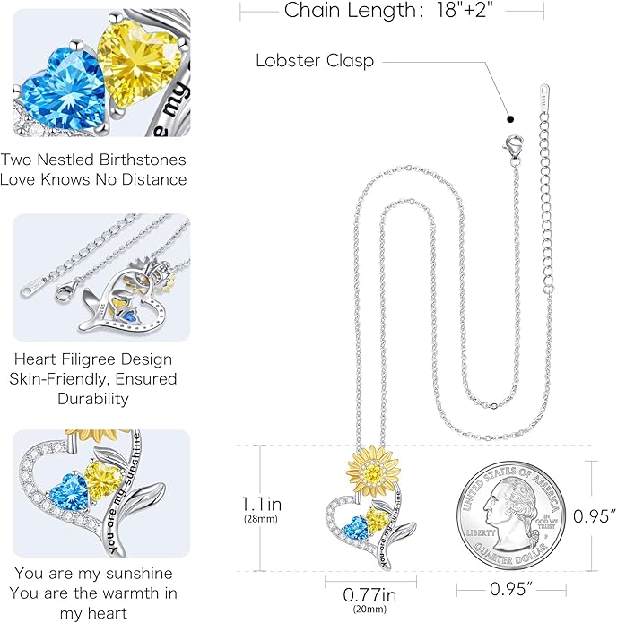 PERJI Valentine's Day Gifts for Women - 925 Sterling Silver Double Birthstone Sunflower Necklace, Anniversary Birthday Jewelry You are My Sunshine Gifts for Wife Couple Girlfriend 18"+2" Non Tarnish