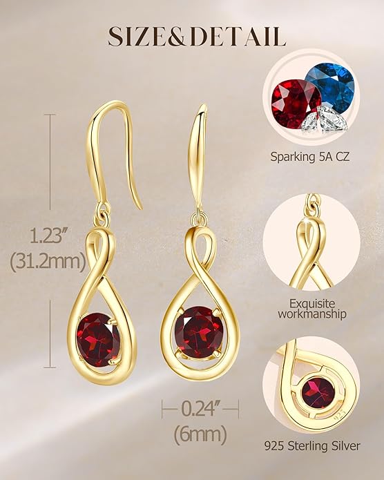 FANCIME Dangle Drop Earrings 925 Sterling Silver Dainty Infinity Round Gemstone Birthstone Jewelry Birthday Gifts for Her Women