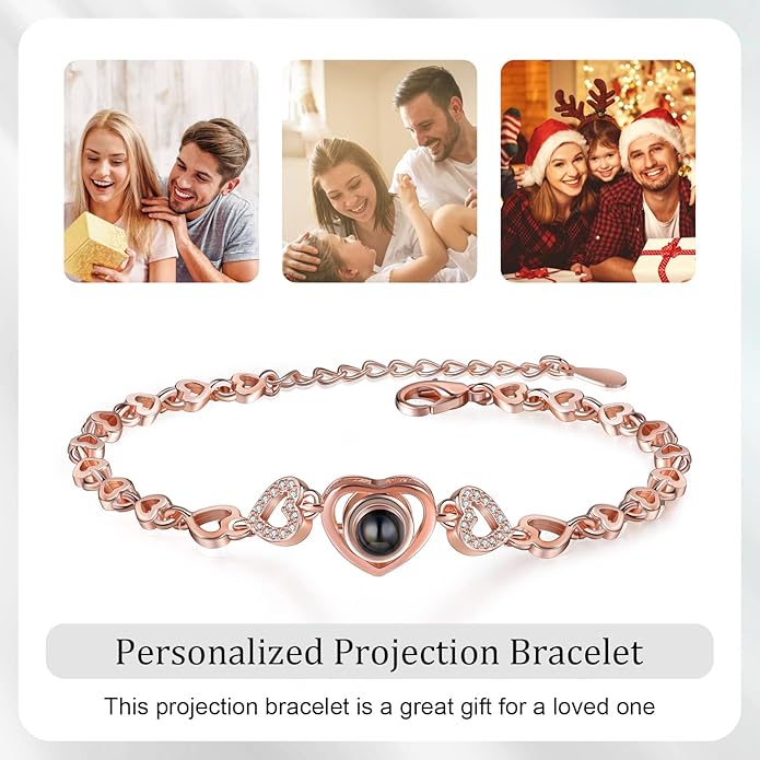 ROSI Personalized Bracelets with Picture Inside, Custom Projection Bracelets with Photos, Picture Bracelet Personalized Photo Gifts, Memorial Gifts for Women Mom Family Couple Girl