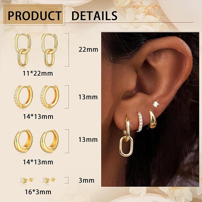 Small Gold Hoop Earrings Set for Women, 14K Gold Plated Lightweight Earrings Sets for Multiple Piercing, Hypoallergenic Huggie Gold Hoops Earrings for Women Jewelry