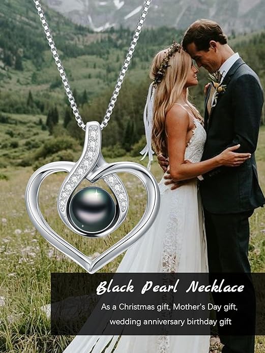 KANNSOAR Tahitian Black Pearl AAAA 18K White Gold Plated Sterling Silver Heart Pendant Necklace for Women Wife Mom Girlfriend Valentine Her Jewelry Gift for Anniversary Birthday Christmas