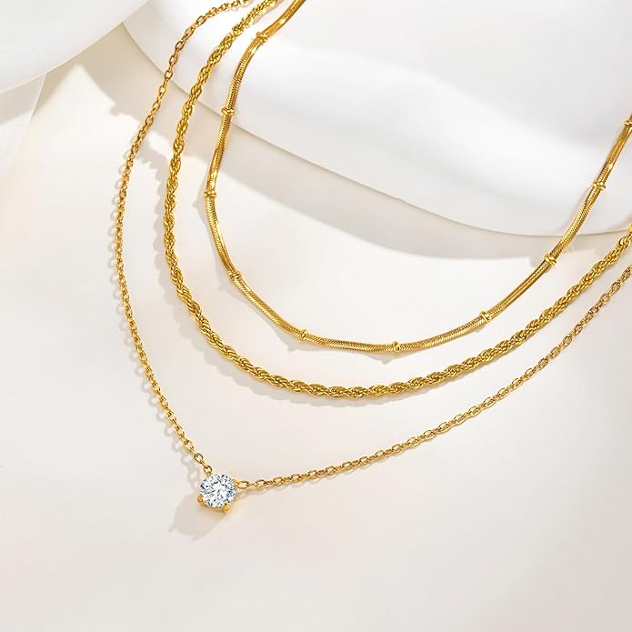 KSF Gold Layered Necklaces for Women - 18K Gold Plated Choker Necklace, 3PCS Women's Cubic Zirconia Choker Simple Dainty Stackable Pendant Necklaces Trendy Jewelry Gift for Women