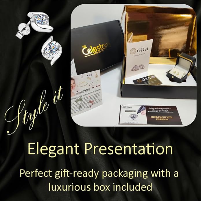 Exquisite Moissanite & 925 Sterling Silver Jewelry Set: Trendy European Design with Pendant (1 Carat, 1/4-inch, 6.5mm) and Earrings (Each: 0.5 Carat, 3/16-inch, 5mm) – Elegant Leather Gift Box Included