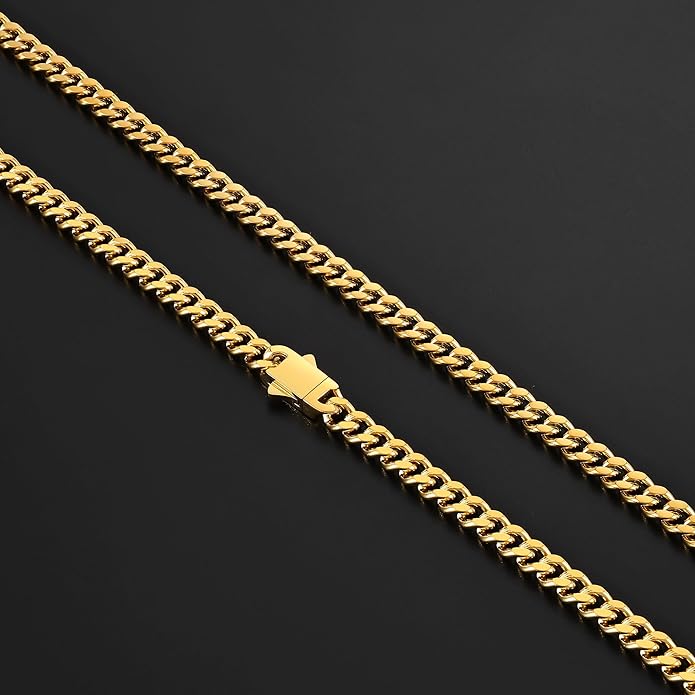 Fiusem Valentines Day Gifts for Him Silver Tone/Black/14K Gold Plated Chain Necklace for Men, 5mm/6mm/7.5mm/8mm/9mm Stainless Steel Cuban Link Chain Necklace, Men's Chains 18-28 Inch Jewelry Gifts